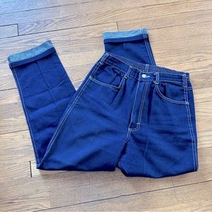 vintage 70s dark wash contrast stitch straight/wide leg elastic waist jeans 8-10